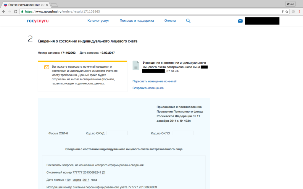 Результат получения выписки из пенсионного счета на Госуслуги.ру