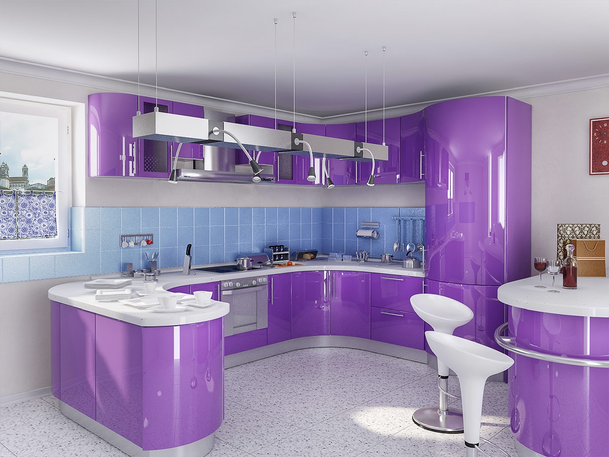 Фиолетовые обои в интерьере кухни